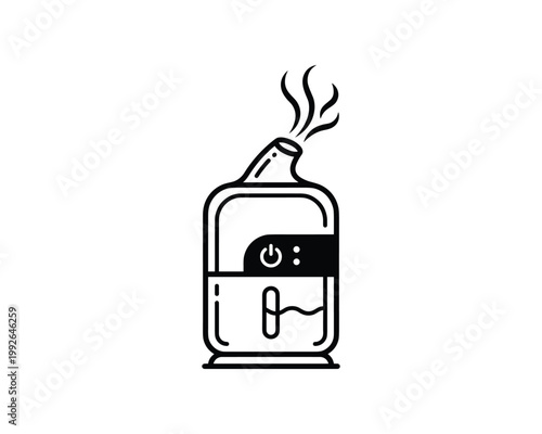 Simple black and white line art illustration of a humidifier machine emitting steam.