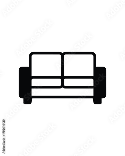 Simple black outline icon of a two-seater sofa or couch for home furniture.