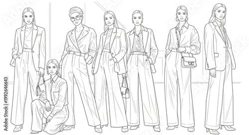 Fashion illustration of six models wearing patterned outfits.