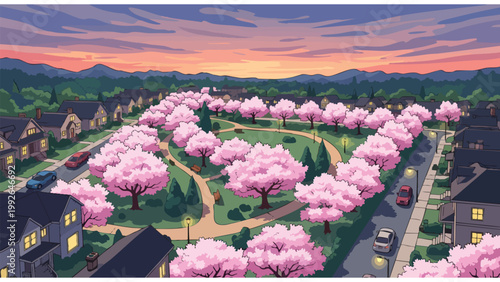 Spring Cherry Blossom Neighborhood Park Aerial View, Vibrant Suburban Scene