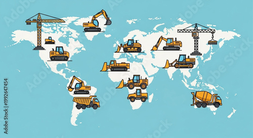 Global Construction Equipment on World Map Illustration.
