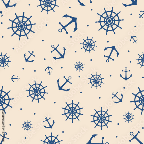 Marine vector pattern with blue anchors and steering wheels. Randomly scattered nautical elements on cream background.