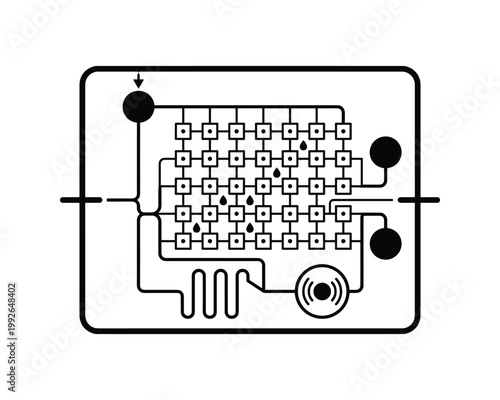 Vector illustration of a microfluidic lab-on-a-chip device showing channels, wells, mixer, and sensor.
