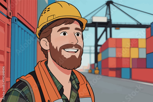 Worker stands at a shipping yard with colorful containers and cranes in the background during the day
