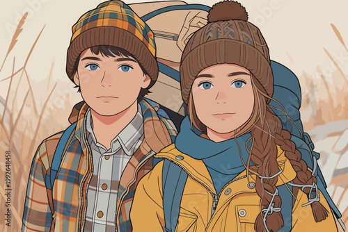 Kids with backpacks stand in a field during a bright day, ready for an outdoor adventure in nature while wearing winter clothes