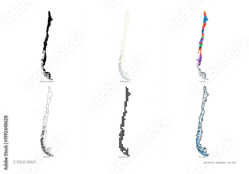 Vector illustrations of Chile map in six styles solid, segmented, colored, wireframe, and dotted.