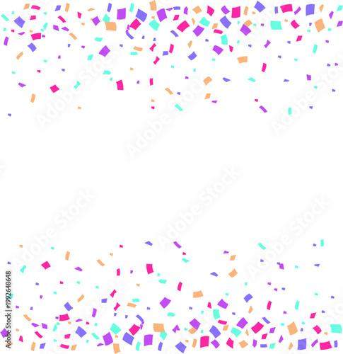 Celebration frame with falling confetti. Colorful paper bits at top and bottom edges of transparent background