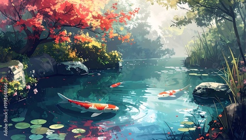 A serene pond scene with koi fish and vibrant foliage
