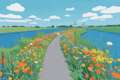 Colorful flowers line a path beside a calm river with wind turbines in the distance during a sunny day