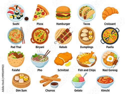A vibrant collection of popular international fast food and street food dishes, featuring a diverse range of delicious flavors and culinary styles