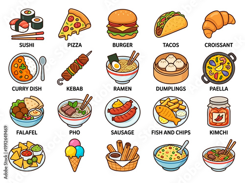 A vibrant collection of diverse international cuisine illustrations, featuring popular dishes from around the world, perfect for culinary inspiration and food-related designs