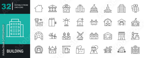 Building icon set. Containing structure, landmark, condo, government, school, church, hotel, shop, hospital, public buildings, and more. Editable line icons. Vector illustration.