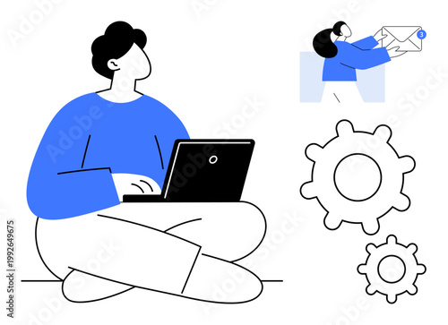Workflow efficiency, collaboration, digital communication, user interface design, system settings, workplace productivity. Person using laptop, envelope being delivered gear icons. Workflow