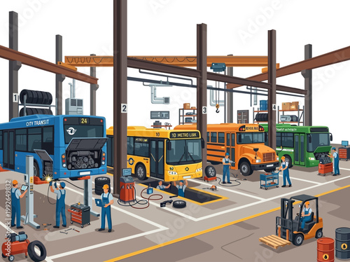 Busy bus depot with mechanics performing maintenance and repairs on various vehicles