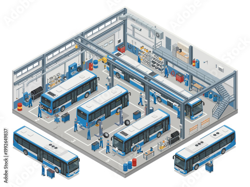 Isometric illustration of a bus depot workshop with multiple buses undergoing maintenance and repair