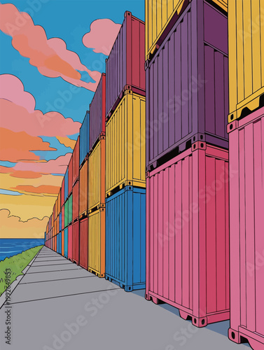 Colorful shipping containers lined along a waterfront during sunset over the ocean with clouds in the sky