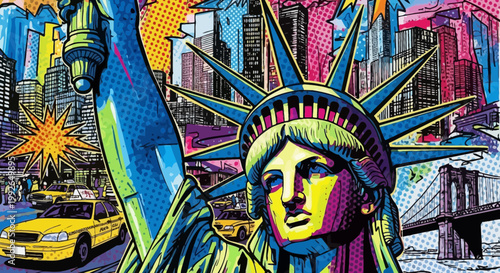 Vibrant Pop Art Statue of Liberty with New York City Skyline and Yellow Taxi in the Background