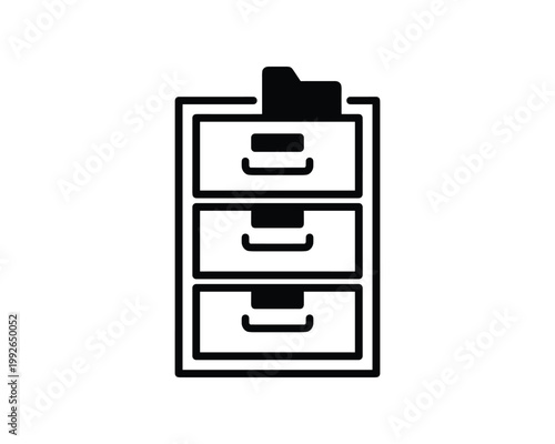 Vector outline icon illustrating a filing cabinet with three drawers and a file folder.