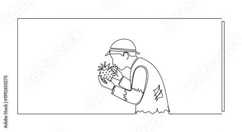 One Line Drawing of a Person in Old Clothes Smelling a Strawberry