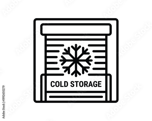 Vector outline icon of a cold storage facility displaying a snowflake symbol and "COLD STORAGE" text.