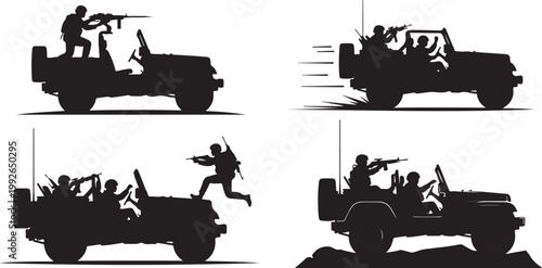 Military vehicle, combat, silhouette icons, black, 4x4 truck, armed forces, warfare