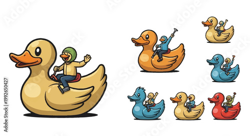 Cartoon ducks with riders illustration set for various design projects