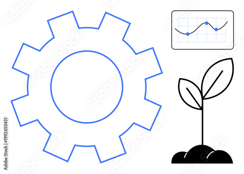 Business growth, technology, green solutions, development planning, environmental innovation, analytics. Gear icon, a growing plant and a graph. Growth and technology concept for future planning