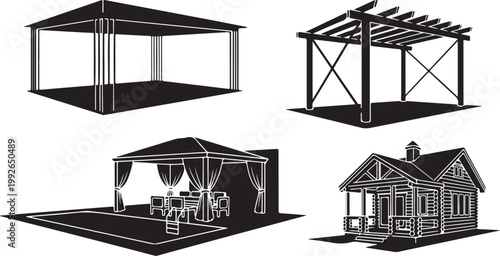 Gazebo, Pergola, and Porch Vector Icons, Black and White Illustrations, Outdoor Structures Set