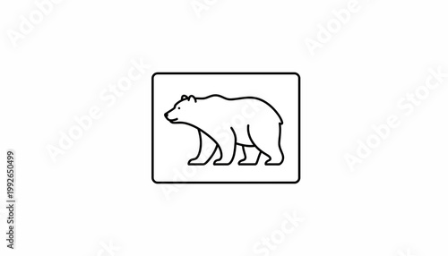 Minimalist line art icon of a bear walking inside a rectangle, simple black and white graphic symbol