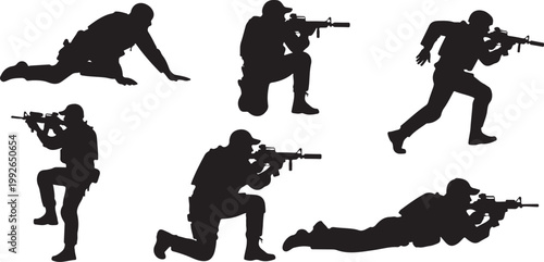 Black silhouette soldier icons, military men, combat poses, vector graphics