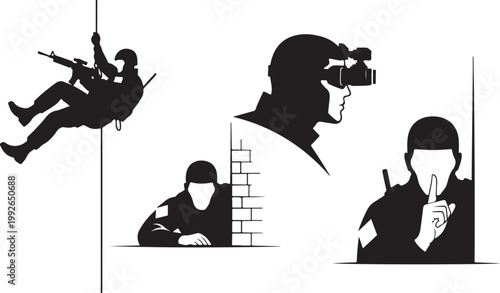 Tactical team, special forces, black ops, silhouette icons, military symbols, 3 vector graphics