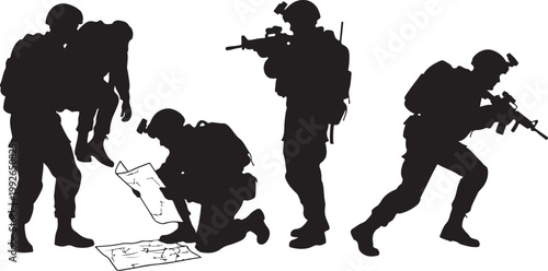 Military soldiers, army combat, tactical team, black silhouette icons, vector graphics