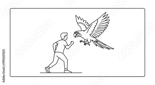 Man running from aggressive parrot, bird attacking person, fear, danger, chase, illustration