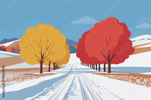 Colorful trees line a snowy road in a rural area during winter with blue sky and mountains in the background