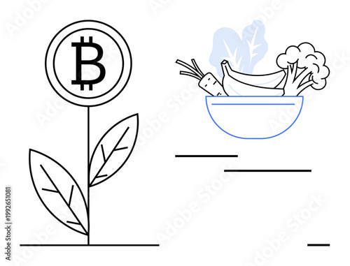 Cryptocurrency, financial growth, farming, sustainable living, healthy eating, digital economy. Bitcoin symbol growing on plant alongside a bowl of fruits and vegetables. Cryptocurrency