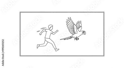 Man Chasing a Flying Parrot