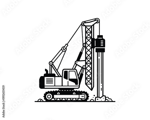 Vector outline illustration of a tracked pile driving machine for heavy construction projects