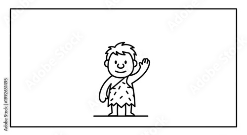 Happy Caveman Waving Hello, Cartoon Style, Stone Age Character