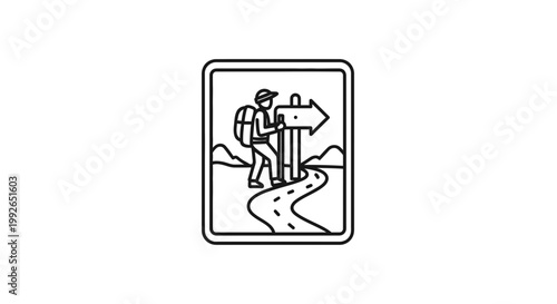 Hiker with Backpack and Signpost on Winding Trail in Mountains - Adventure and Travel Concept