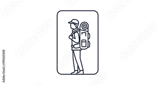 Hiker with Backpack Icon - Outline of a person with camping gear ready for adventure