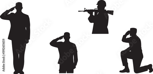 Military, soldier, salute, vector icons, black silhouettes, army, greeting, salute gestures