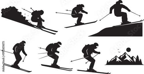 Black ski icons, vector skiers, snow sports graphics, winter activity silhouettes