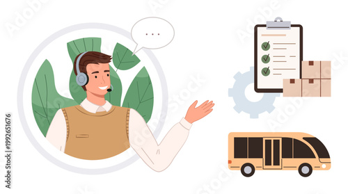 Logistics, customer support, supply chain management, transportation planning, package tracking, sustainable services. Person with headset, checklist gear and bus. Logistics and customer support