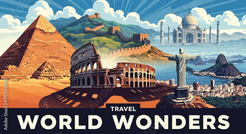 Vibrant illustration featuring iconic world wonders, famous global landmarks, and diverse international travel destinations for an inspiring journey