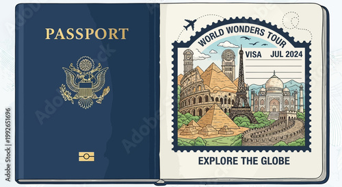 Passport to the world with iconic landmarks, visas, and stamps celebrating global exploration and adventure