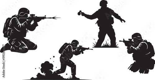 Military, soldier, combat, tactical, silhouette, vector, icons, 4, black, white background, warfare, army, defense, illustration, graphics