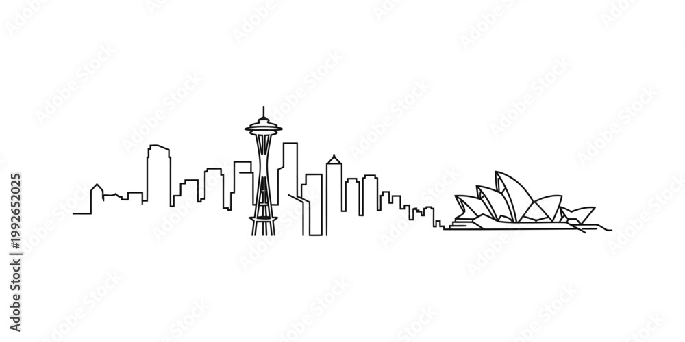 Fototapeta premium Vector illustration of seattle and sydney city skylines combined in a single line art style image