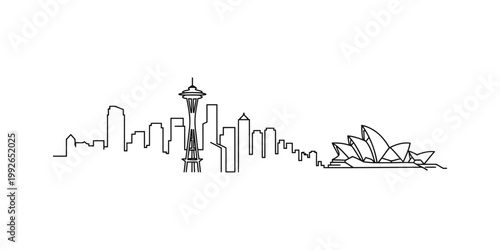 Vector illustration of seattle and sydney city skylines combined in a single line art style image