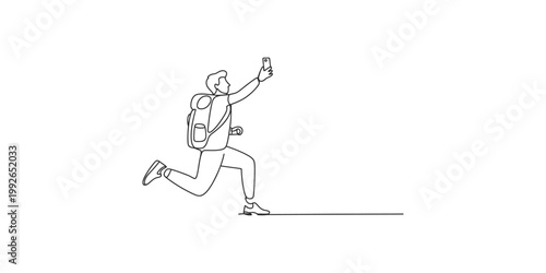A man with a backpack runs while taking a selfie on his phone isolated on white background
