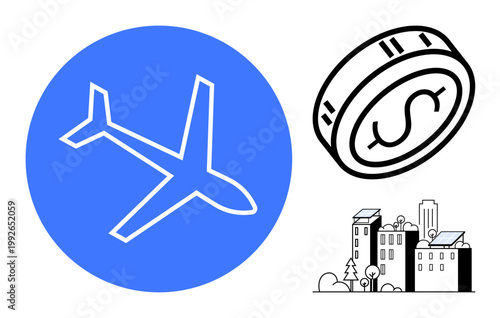 Air travel, finance, urban planning, economic growth, global connectivity, sustainability. Airplane symbol, coin with a dollar sign city with eco-friendly buildings. Air travel and finance concept